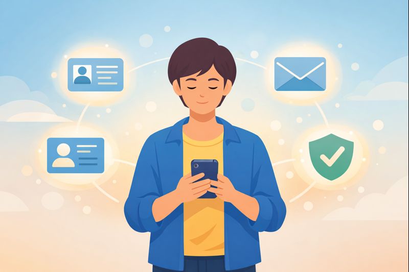 A person holding a smartphone with floating icons representing digital identity, including profile, email, and verification symbols.