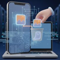 An illustration showing a file icon becoming semi-transparent and fading into a device, representing how deleted files are hidden but not immediately destroyed.