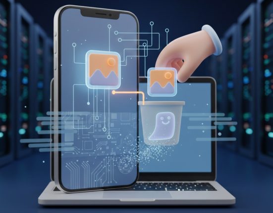 An illustration showing a file icon becoming semi-transparent and fading into a device, representing how deleted files are hidden but not immediately destroyed.