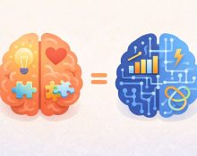 Text: A balanced illustration comparing a human brain (creativity, empathy) with an AI circuit (data, speed), showing them as different but complementary forms of intelligence.