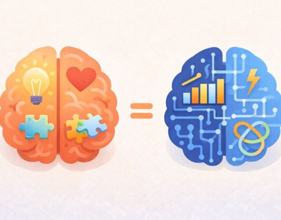 Text: A balanced illustration comparing a human brain (creativity, empathy) with an AI circuit (data, speed), showing them as different but complementary forms of intelligence.