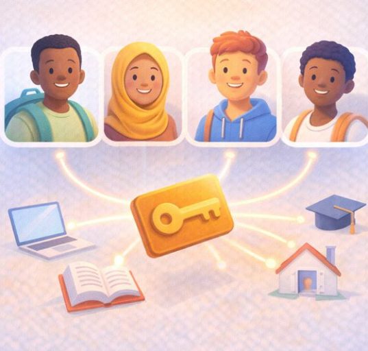Illustration showing a single key unlocking various icons of student life—a laptop, book, and graduation cap—representing how one digital identity simplifies access to education.