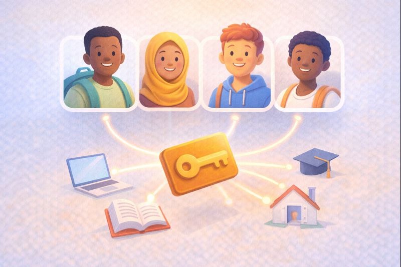 Illustration showing a single key unlocking various icons of student life—a laptop, book, and graduation cap—representing how one digital identity simplifies access to education.