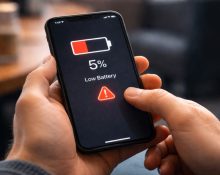 A person's hand holding a smartphone that shows a stark red low-battery warning at 5%, symbolizing the moment of anxiety when a dying phone disrupts daily life.