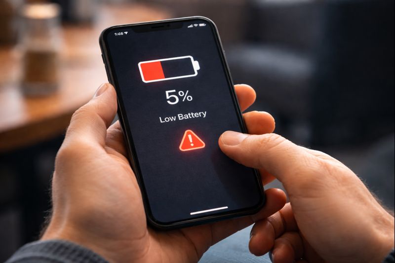 A person's hand holding a smartphone that shows a stark red low-battery warning at 5%, symbolizing the moment of anxiety when a dying phone disrupts daily life.