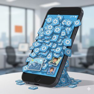 A playful image of a phone gallery overwhelmed by countless screenshot icons, representing how they clutter your storage.
