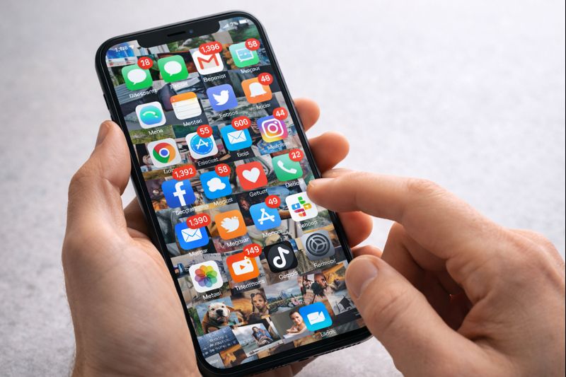 A person's hand holding a smartphone with a screen chaotically filled with app icons and notifications, illustrating the visual stress of digital clutter.