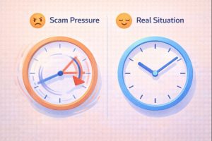 Cartoon illustration comparing two clocks, one labeled “Scam Pressure” with spinning hands and a stressed face, and the other labeled “Real Situation” with a calm clock and relaxed face.