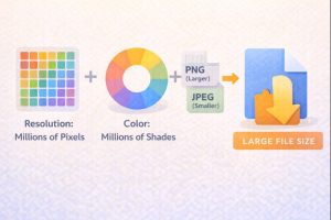 Infographic showing how screen resolution, color depth, and file format combine to create a large screenshot file.