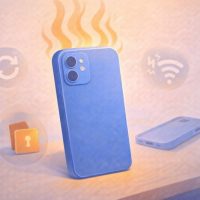 A 3D illustration of a smartphone emitting heat waves, surrounded by icons for common causes like background updates and poor signal