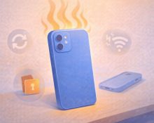 A 3D illustration of a smartphone emitting heat waves, surrounded by icons for common causes like background updates and poor signal