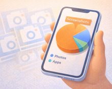 An illustration of a phone showing that screenshots can take up a surprisingly large portion of your storage compared to photos and apps.