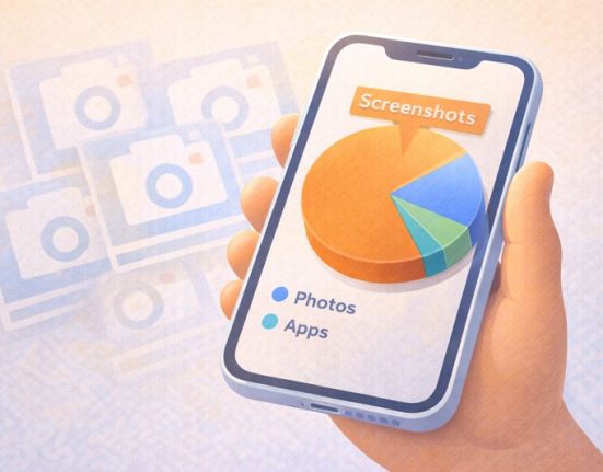 An illustration of a phone showing that screenshots can take up a surprisingly large portion of your storage compared to photos and apps.