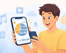 A smiling person looks at their phone, surprised to see how small subscription fees add up to a large amount on a simple graph.