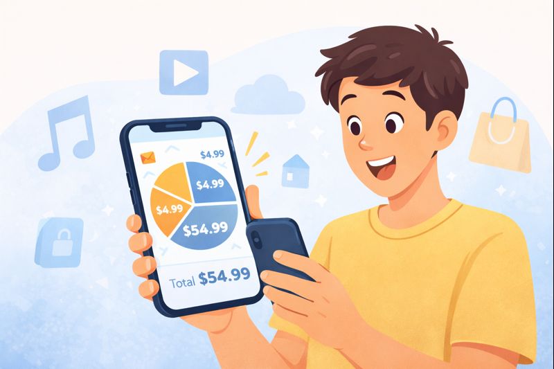A smiling person looks at their phone, surprised to see how small subscription fees add up to a large amount on a simple graph.