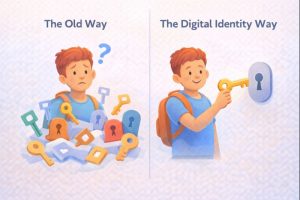 Infographic comparing the old way (many confusing keys) to the new way (one simple key) of accessing student services online.