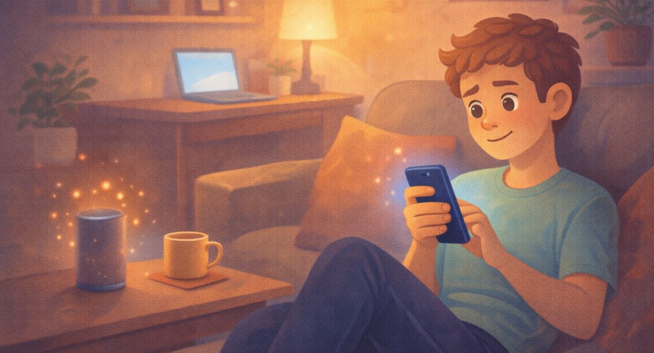 Cozy living room scene with student relaxing on couch holding smartphone while gentle blue and orange glows represent helpful AI technology working quietly in the background