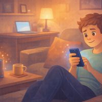 Cozy living room scene with student relaxing on couch holding smartphone while gentle blue and orange glows represent helpful AI technology working quietly in the background
