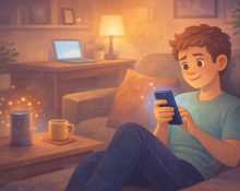 Cozy living room scene with student relaxing on couch holding smartphone while gentle blue and orange glows represent helpful AI technology working quietly in the background