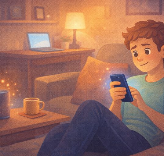 Cozy living room scene with student relaxing on couch holding smartphone while gentle blue and orange glows represent helpful AI technology working quietly in the background