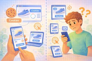 Illustration explaining how cookies cause repeated ads across devices.