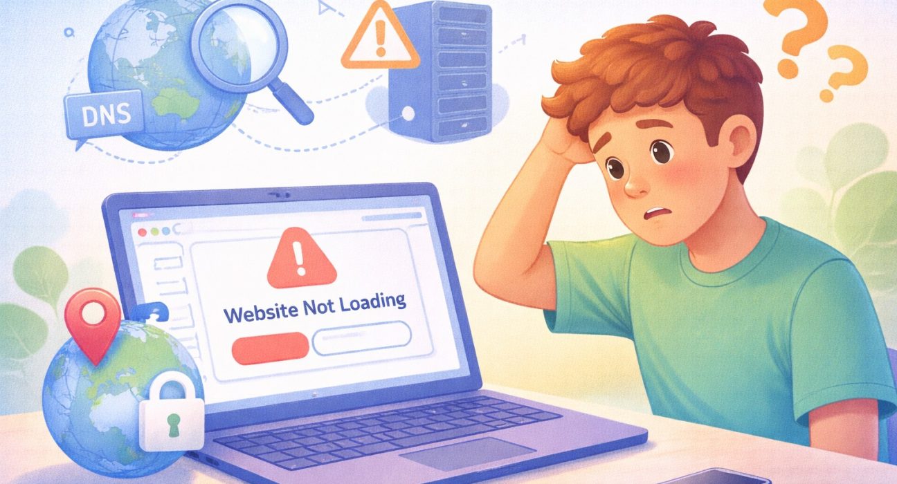 Student facing a website not loading error with DNS and server icons in the background.