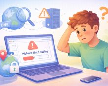Student facing a website not loading error with DNS and server icons in the background.