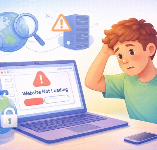 Student facing a website not loading error with DNS and server icons in the background.