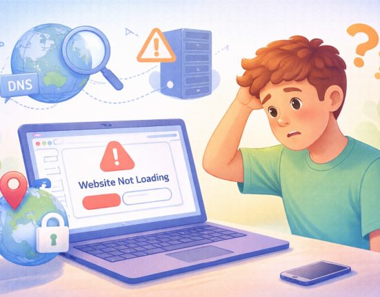 Student facing a website not loading error with DNS and server icons in the background.